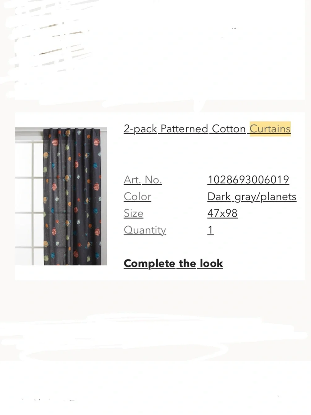 Space Planets H&M Kids Curtains 2 Panels